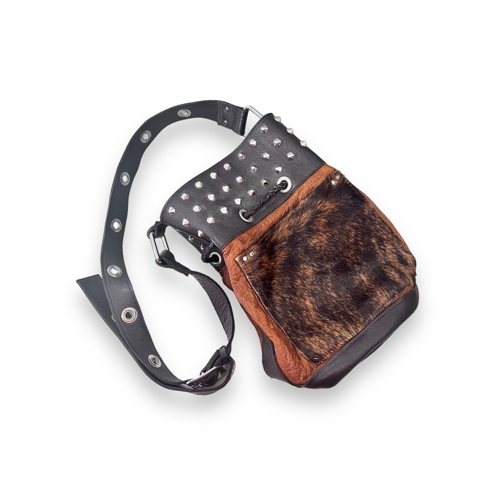Handmade Art-to-wear Leather & Fur Metal Studded Bucket Tote Bag Purse Ren Faire